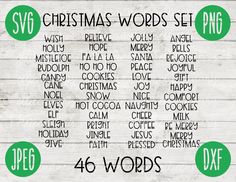 the christmas words set is shown in green and white on a wooden background with black lettering