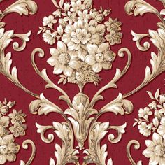 a red and gold wallpaper with white flowers on the top, in an ornate design