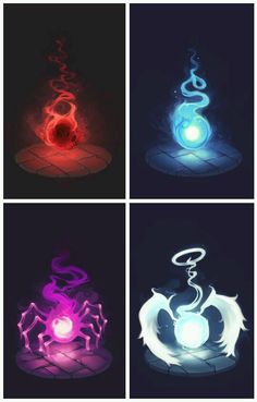 four different colored lights in the shape of an octopus, dragon and fire hydrant