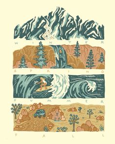 three different types of mountains with trees and water on them, one is surfing the waves