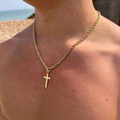 Add An Elegant Touch To Any Outfit With This Chic 14k Gold Plated Steel Rope Chain And Cross Pendant "22" Long Cross Chain Necklace Men, Mens Cross Necklace Gold, Gold Cross Chain For Men, Gold Cross Pendant For Men, Gold Mens Jewelry, Cross Necklace Aesthetic Men, Gold Cross Necklace Mens, Cross Chain Men, Gold Chain With Cross