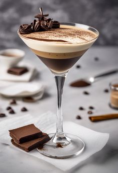 a chocolate dessert in a martini glass with whipped cream and chocolate on the rims