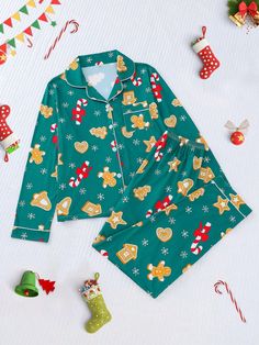 2pcs/Set Christmas Cookie Figurine Print Pajama Set For Women, Cozy Turndown Collar Long Sleeve Top And Loose Elastic Waist Pants, Holiday Party Sleepwear, Casual Outdoor & Homewear Green Cute,Casual-Young    Christmas,Plants,All Over Print,Food & Beverage Pant Sets Slight Stretch All Women Sleep & Lounge, size features are:Bust: ,Length: ,Sleeve Length: Matching Family Holiday Pajamas, Boys Christmas Pajamas, Family Holiday Pajamas, Mens Christmas Pajamas, Plus Lingerie, Christmas Pajama Set, Navidad Diy, Womens Pyjama Sets, Sleepwear Sets