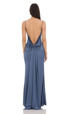 Back Bow Satin Dress in Navy Wedding Guest Dress Inspo Elegant, Navy Blue Backless Dress, Low Back Dress Prom, Wedding Guest Dress Backless, Early 2000s Homecoming Dress, Backless Bow Dress, Dusty Blue Maxi Dress, Prom Dresses 2025 Trends, Prom Dress With Bow On Back