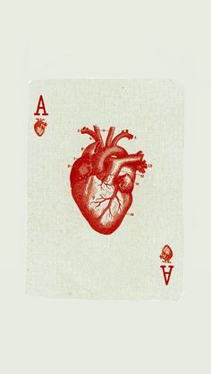 a red and white playing card with an image of a heart in the middle of it