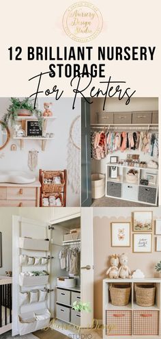 there are pictures of baby nursery items in this collage with the words, 12 brilliant nursery storage for babies