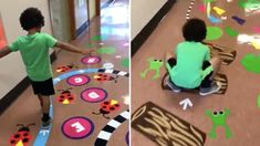 two pictures of children playing on the floor with their feet and arms in different positions