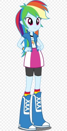 the rainbow - haired pony is standing with her hands on her hips and wearing blue boots