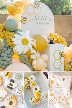 a collage of photos with flowers, cookies and honeycombs on them for a bee themed first birthday party