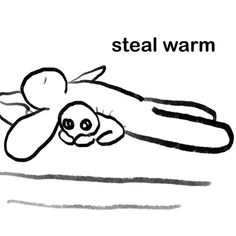 a black and white drawing of a dog laying on it's back with the words steal warm