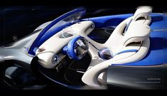 the interior of a futuristic car with blue and white trims is seen in this image