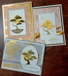 two greeting cards, one with a bonsai tree and the other with a thank you message