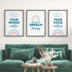 Speech Therapy Poster for Speech Room Decor - UNIQUE DESIGN. The medical specialty of speech therapy, commonly referred to as speech-language pathology, involves the evaluation, diagnosis, and treatment of conditions that impair a person's ability to swallow or speak. The only digital print, wall art or wall decor product on Etsy that uses high-quality print result. Check our BUNDLE DEALS  section, SAVE 80-90% : https://www.etsy.com/shop/Hepime?section_id=39605809 The only digital printing produ Speech Clinic Decor, Speech Therapy Clinic Interior Design, Small Speech Therapy Room Setup, Therapy Office Decor Counseling, Office Decor Counseling, Play Therapy Office, Therapy Room Decor