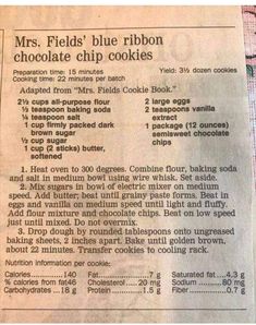 the recipe for mrs fields'blue ribbon chocolate chip cookies