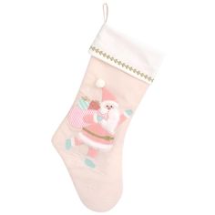 a pink christmas stocking with a santa clause on it