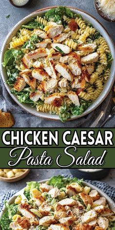 ✨ Chicken Caesar Pasta Salad is the perfect blend of two favorites: creamy Caesar salad and flavorful pasta salad! 🍝🥗 This delightful dish combines tender grilled chicken, fresh romaine lettuce, Parmesan cheese, and al dente pasta tossed in a zesty Caesar dressing.   👉 Try this recipe now! Save this Pin to your favorite recipe board for later. ✅  #ChickenCaesarSalad #PastaSalad #EasyRecipes #HealthyEating Salad Ideas With Meat, Chicken Ceasar Salad Pasta Salad, Cesar Pasta Salad Recipes, Healthy Chicken Caesar Salad, Caesar Salad With Pasta, Cuban Pasta Salad, Chicken Pasta Ceaser Salad, Pasta Lettuce Salad Recipes