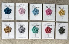 six crochet flowers are shown in different colors and sizes, each with their own name