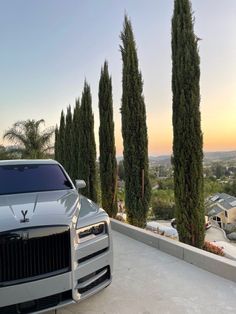 a car is parked in front of some trees