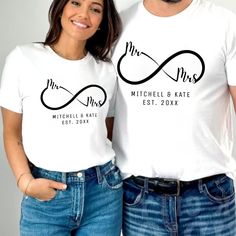 Cute Mr. and Mrs. infinity symbol shirt for a wedding, anniversary party or bridal shower.  Personalize the colors and add the bride and groom's name and anniversary date. Wedding Anniversary Party, Anniversary Dates, Infinity Symbol, Couple T-shirt, Anniversary Party, Vow Renewal, Mr And Mrs, Mr Mrs, Wedding Anniversary