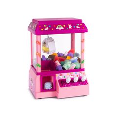 a pink toy machine filled with lots of stuffed animals on top of a white background