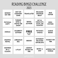 the reading bingo challenge is shown in black and white, with different words on it