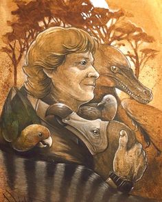 a drawing of a man holding two birds and a dinosaur