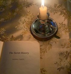 a lit candle on top of an open book