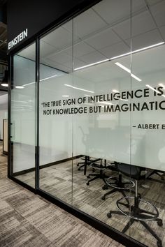 Privacy film applied to modern conference room glass features an inspirational quote by Albert Einstein. Glass Sticker Design Office, Glass Office Design, Window Film Office, Office Signage Design, Frosted Window Design, Glass White Board, Contemporary Illustrations