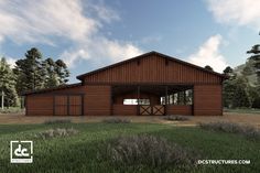 a large wooden barn sitting on top of a lush green field next to tall trees