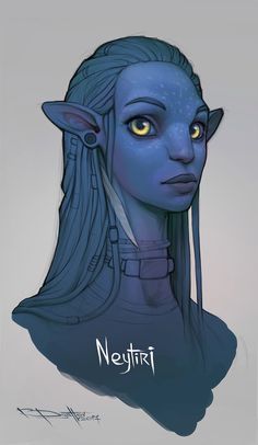 an avatar with blue hair and yellow eyes is featured in this drawing by the artist