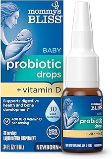 a bottle of baby probiotic drops next to a box of vitamins on a white background