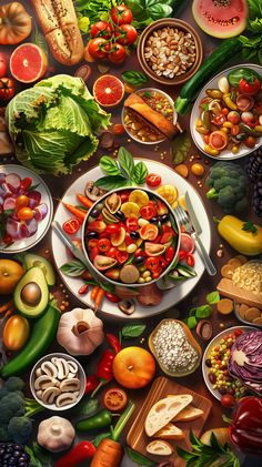 a table full of different types of vegetables and fruits, all in the same bowl