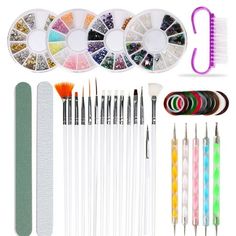 Nail Art Tool Kit Nail Art Painting Pen Nail Brush Double Ended Dotting Pens Glitter Rhinestones Set Nail Polisher Gold Foil Nail Decoration A set of 15 nail brushes can meet all your needs, including flat fan brushes, line brushes, brushes, angled brushes, etc. for drawing beautiful lines, patterns and flowers. 10 pieces random colors nail striping tape can be used to design your own nail patterns, highlight, etc. meeting your diversified needs, easy to paste in free form. nail file is ideal fo Nail Guide, Nail Striping Tape, Nail Art Tool Kit, Diy Nail Art Tools, Nail Paint Shades, Valentine Diy Crafts, Nail Pen, Nail Rhinestones, Valentine Diy