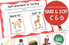 a set of cards with pictures of animals and words that read hard & soft c & g