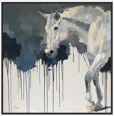 a painting of a white horse with blue and gray paint drips on it