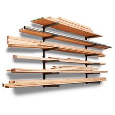 several wooden shelves are stacked on top of each other