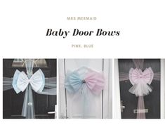 three pictures of baby door bows with pink, blue and white colors