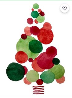 a watercolor christmas tree with red, green and blue circles on it's top