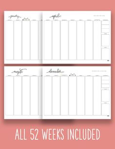 the printable planner pages for all 52 week's included are shown in three different sizes