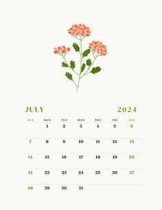 a calendar with flowers on it for july