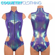 "This item is made to order, please read all the way through the listing before purchasing! This bodysuit is made of four way stretch spandex in super metallic gorgeous, dual chrome \"Moonstone\" color. It features a sleek black zipper in front. Sleeveless, short collar, and \"siren\" cut legs with hipnotic cut outs at both hips! Four way stretch for a figure forming fit. This bodysuit is unlined. Womens Sizing (See below for instructions on where measurements should be taken) XXS: Bust 29\"-30\ Alien Clothes, Space Dress, Festival Outfits Rave, Outfits Rave, Fashion Things, Bodysuit Designs, Best Leggings, Olive Branch, Dance Outfits