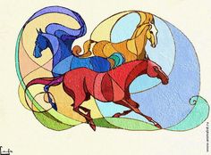 a drawing of three horses running in different colors and shapes on a white paper background