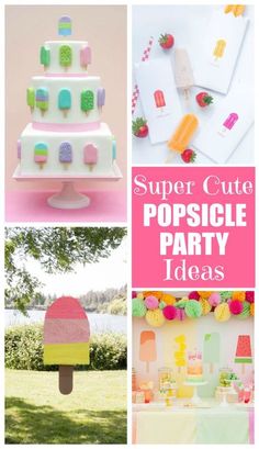 a collage of pictures with popsicle party decorations and desserts on the table