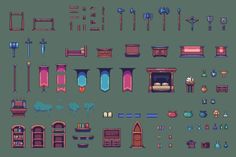 an assortment of different types of furniture and objects in pixel art style, including chairs, desks, bookshelves