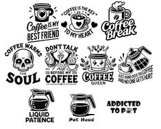 coffee badges and emblems for different types of drinks, including hot chocolate, iced tea, espresso, latte