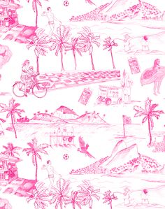 a pink and white wallpaper with different types of things on it, including palm trees