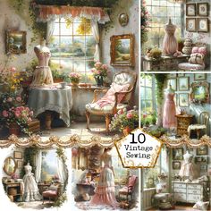 the collage shows an old fashioned living room with furniture and flowers in vases