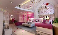 a living room filled with lots of furniture and pink accents on the walls in front of a spiral staircase