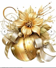 a golden christmas ornament with flowers and ribbons