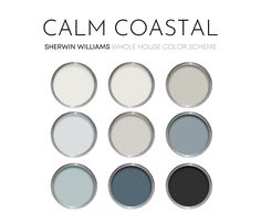 six different shades of paint with the words calm coastal